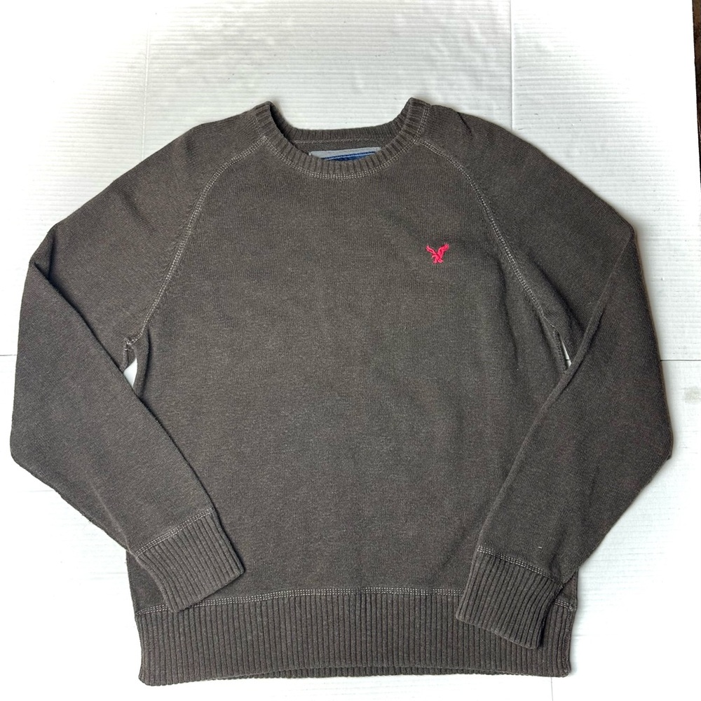 American Eagle Mens XL Brown Logo Sweater Long Sleeve‎ Crew Neck 100% Cotton